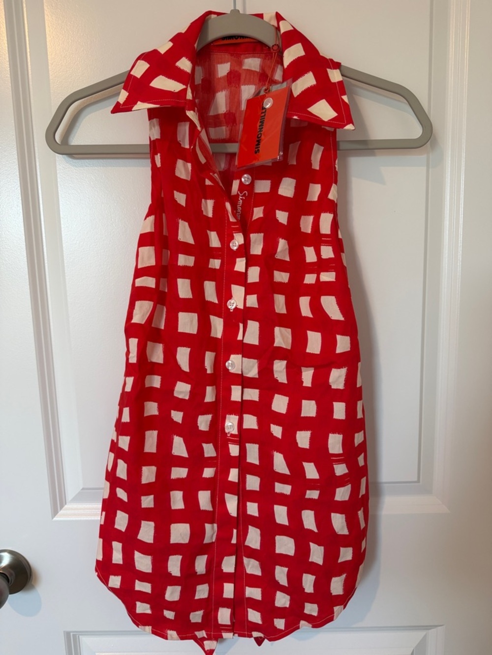 Simon Miller Red and White Checked Sleeveless Shirt Dress